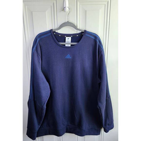 Adidas Mens Blue Long Sleeve 3 Stripe Fleece Crew Sweatshirt Pullover Size 2XL - Picture 1 of 11